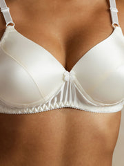 White mulberry silk full bra with adjustable straps and delicate bow detail.