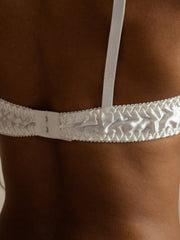 White 100% Mulberry Silk Classic Full Bra with adjustable straps on a woman's back.
