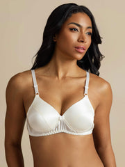 White 100% Mulberry Silk Classic Full Bra with adjustable straps on a model.