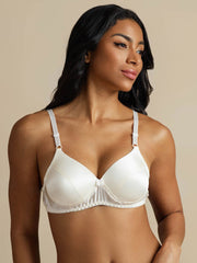 White mulberry silk classic full bra with adjustable straps on a model.