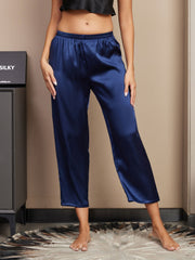 Women's classic navy blue mulberry silk sleep pants with elastic waist.