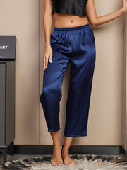 Women's classic navy blue mulberry silk sleep pants with an elastic waist.