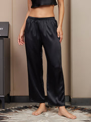 Black 100% Mulberry Silk Classic Women's Sleep Pants, relaxed fit with elastic waist.