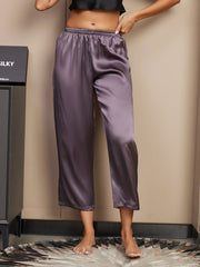 Women's Purple Gray 100% Mulberry Silk Classic Sleep Pants, relaxed fit with elastic waist.