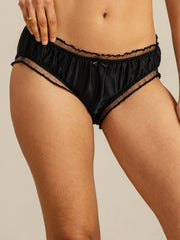 Black mulberry silk panty with ruffle sheer trim and delicate bow.