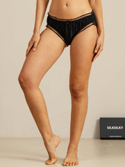 Black mulberry silk panty with ruffle sheer trim.