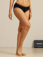 Black mulberry silk comfort ruffle sheer trim panty.