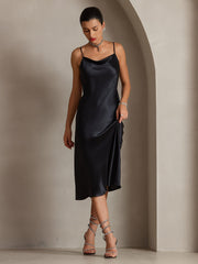 Black mulberry silk cowl neck midi dress with spaghetti straps.