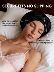 Black mulberry silk bonnet with adjustable long tie and elastic band on a sleeping woman.