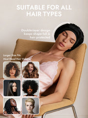 Black mulberry silk double-layer bonnet with adjustable tie on a woman, suitable for all hair types.
