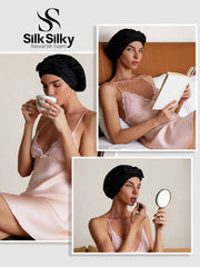 Black mulberry silk double-layer bonnet with adjustable tie, worn by a woman in a pink silk nightgown.