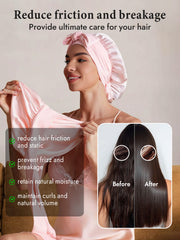 Pink mulberry silk double-layer bonnet with adjustable long tie on a woman, showing hair care benefits.