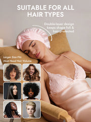 Pink mulberry silk double-layer bonnet with adjustable tie on a woman, suitable for all hair types.