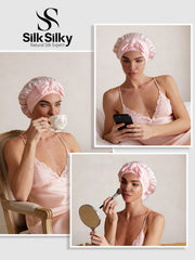 Pink mulberry silk double-layer bonnet with adjustable tie, worn by a woman in a matching silk nightgown.