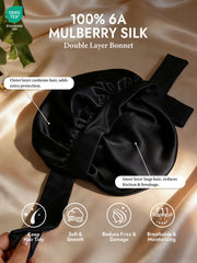 Black 100% 6A mulberry silk double-layer bonnet with adjustable long tie.