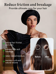 Black mulberry silk double-layer bonnet with adjustable long tie, shown on a woman.