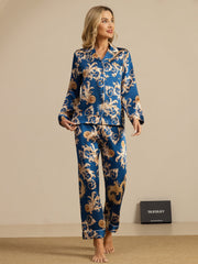 Women's mulberry silk pajamas: blue long-sleeve notch collar set with gold dragon print and pants.