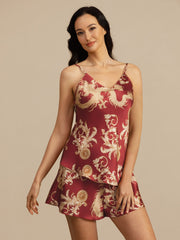 Women's mulberry silk camisole and shorts set in red with gold dragon and baroque print.