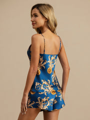 Women's blue mulberry silk camisole and shorts set with gold baroque dragon print.