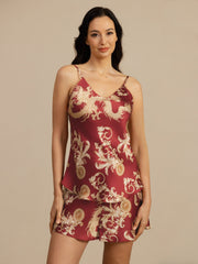 Women's wine red mulberry silk camisole set with gold dragon and scroll print.