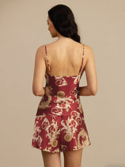 Women's mulberry silk camisole and shorts set in red with gold dragon print.