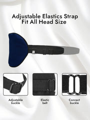 Navy blue mulberry silk sleep eye mask with adjustable elastic strap and buckles.