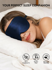 Woman sleeping with a navy blue 100% Mulberry silk elastic band sleep eye mask.