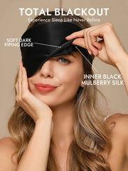 Woman wearing a black mulberry silk sleep eye mask with soft dark piping edge.
