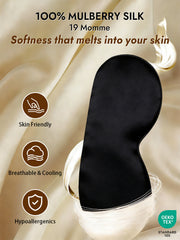 Black 100% mulberry silk elastic band sleep eye mask, 19 momme, shown with skin-friendly features.