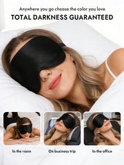 Black mulberry silk sleep eye mask on a woman, shown in bedroom, on a plane, and in an office.