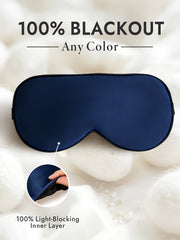 Dark blue 100% Mulberry silk sleep eye mask with elastic band and light-blocking inner layer.