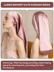 Elegant pink mulberry silk bonnet for long hair, featuring an extra-long, wide-top design.