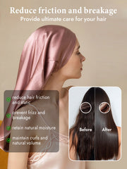 Elegant rose gold mulberry silk bonnet for long hair, shown on a woman, with hair care benefits.