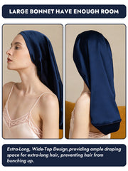 Navy blue 100% Mulberry silk elegant bonnet for long hair, shown on a woman from side and back.