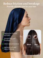 Elegant navy blue mulberry silk bonnet for long hair, shown on a woman.