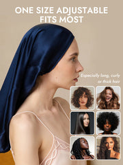 Navy blue mulberry silk bonnet for long, curly, or thick hair.