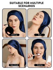 Elegant navy blue mulberry silk bonnet for long hair, shown in various scenarios.