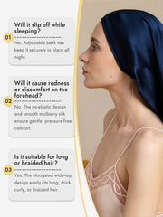 Elegant navy blue mulberry silk bonnet on a woman, designed for long hair with adjustable ties.