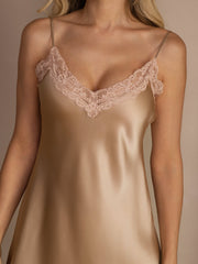 Elegant women's mulberry silk nightgown in champagne with pink lace trim and V-neck.