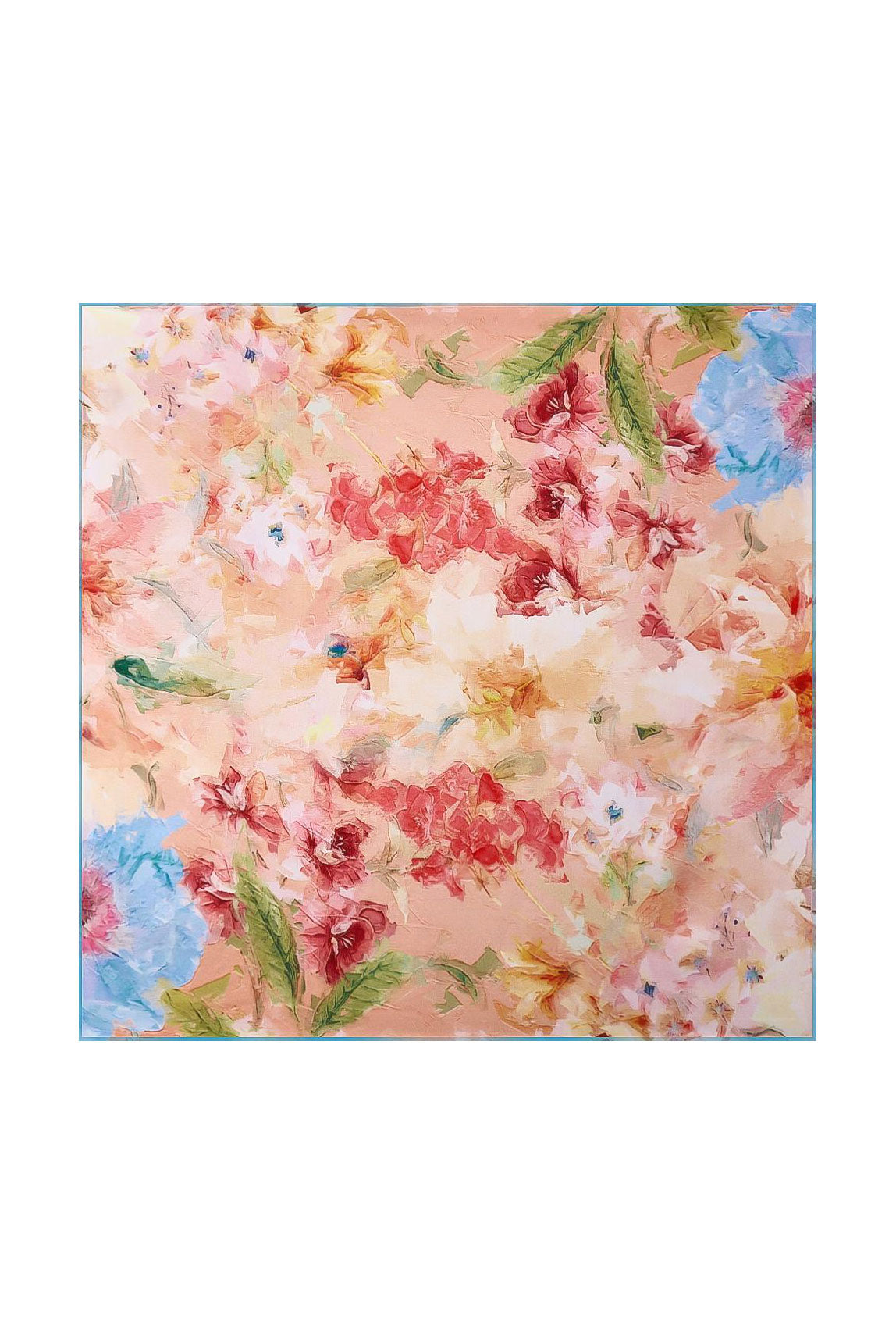 Mulberry silk floral bliss square scarf, 53x53cm, with a painterly design of red, pink, and blue flowers on peach.