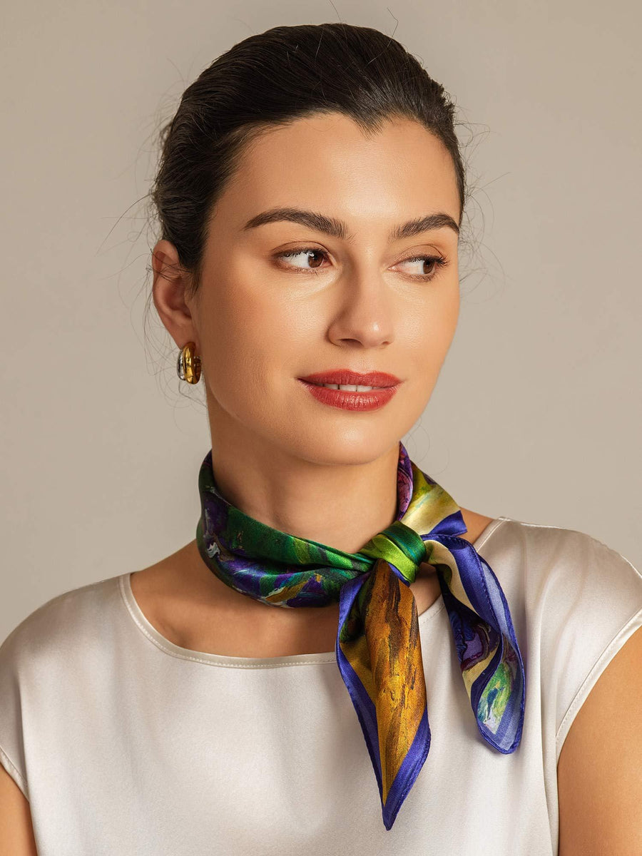 Woman wearing a colorful mulberry silk floral oil painting square scarf, 53x53cm.