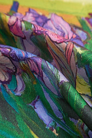 Mulberry silk floral oil painting square scarf with vibrant purple, pink, and green hues.