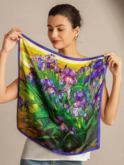 Women's 100% mulberry silk floral oil painting square scarf with vibrant purple irises and green leaves.