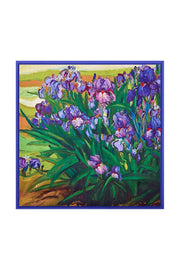 Mulberry silk floral oil painting square scarf with vibrant purple irises and green leaves, 53x53cm.