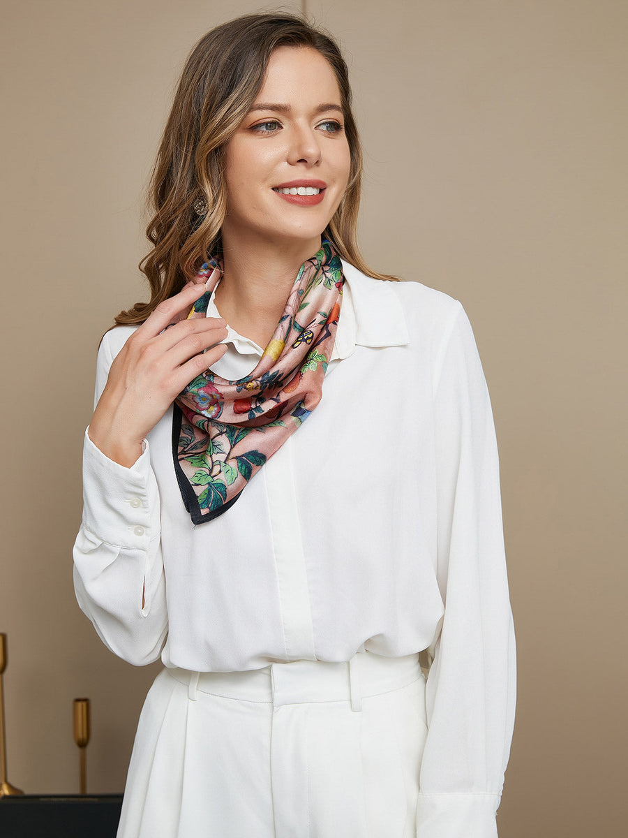 Women's mulberry silk floral pattern square scarf, 53x53cm, styled with a white shirt.