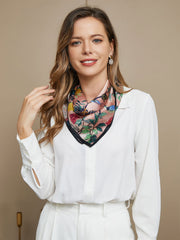 Women's mulberry silk floral pattern square scarf, 53x53cm, worn with a white shirt.