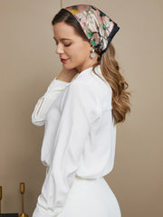 Women's mulberry silk floral pattern square scarf, 53x53cm, styled on a model.