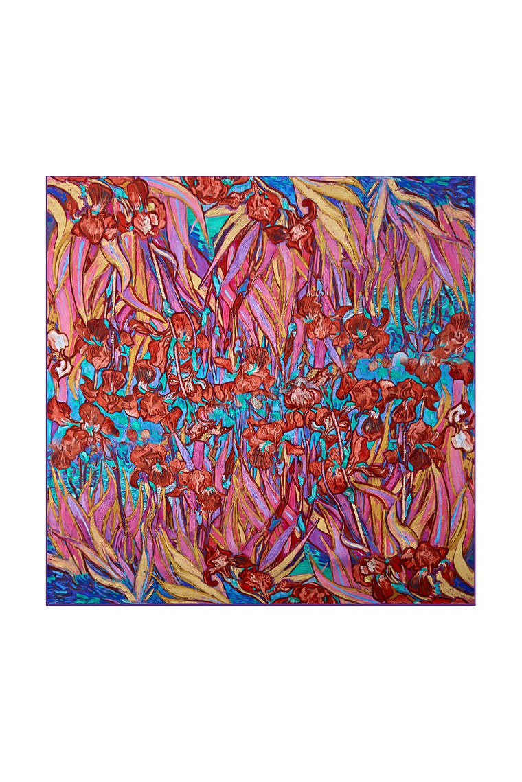 Mulberry silk floral pattern square scarf, 53x53cm, with red flowers and blue, pink, gold leaves.