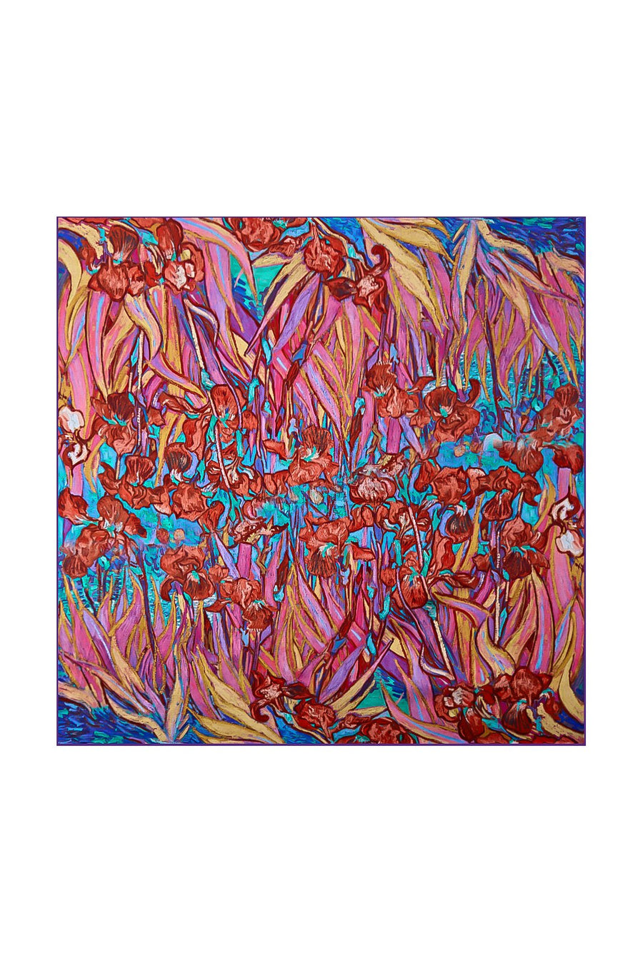 Mulberry silk floral pattern square scarf, 53x53cm, with red flowers and blue, pink, gold leaves.