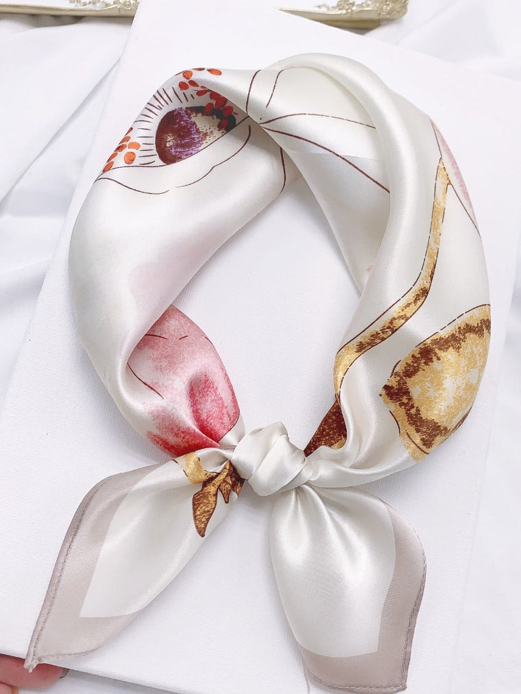 White mulberry silk floral printed square scarf, 53x53cm.